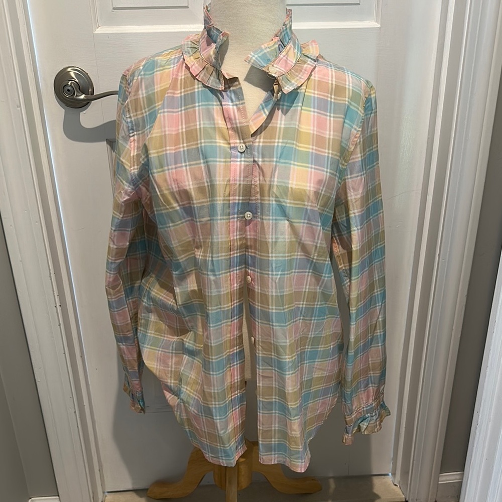 Pastel Plaid Women’s  Shirt with Ruffle Collar